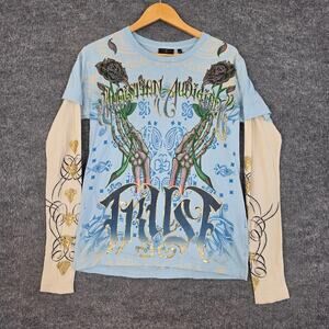 Vtg Christian Audigier Shirt Unisex Small Layered Blue Rhinestone Y2K Street